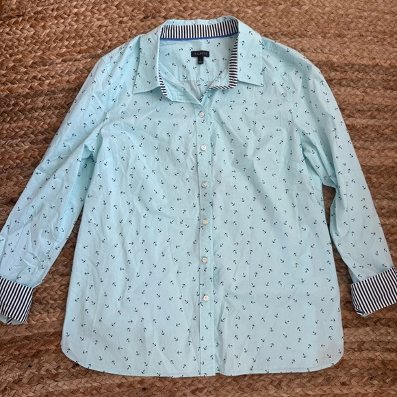 Talbots Size Large Light Blue Anchor Print Button Down Top - Picture 1 of 7